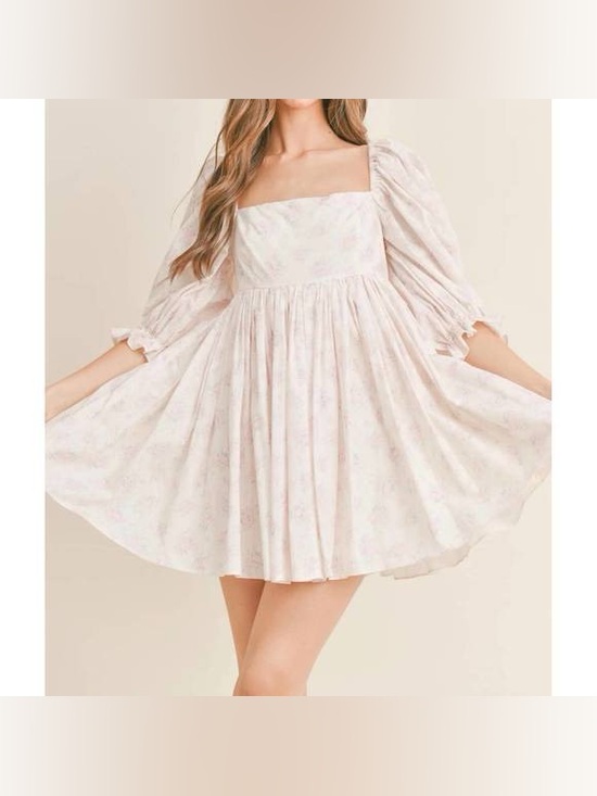 Mabel Dresses & Skirts - Mable Floral Puff Sleeve Square Neck Mini Dress White Pink Cottagecore S